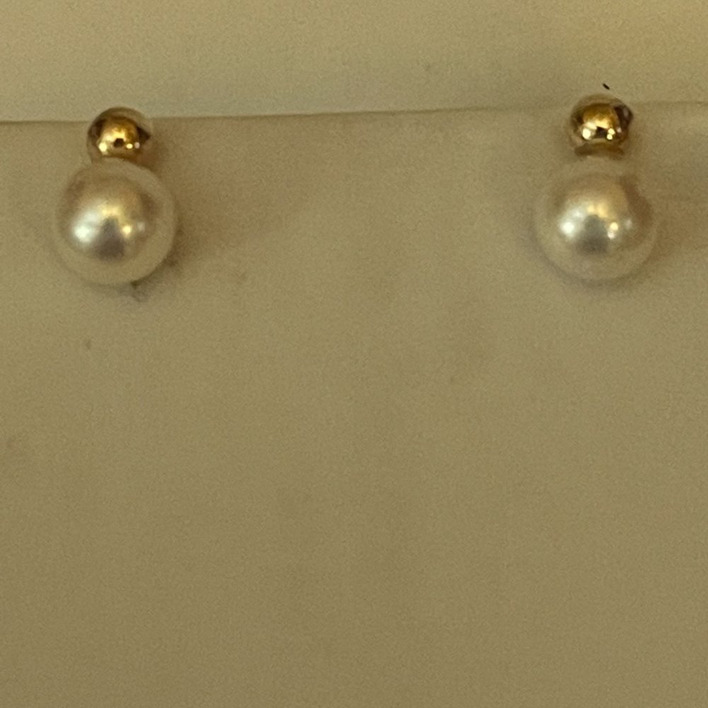 14K Gold Balls with 3 MM Pearl Stud Earrings - Picture 2 of 4